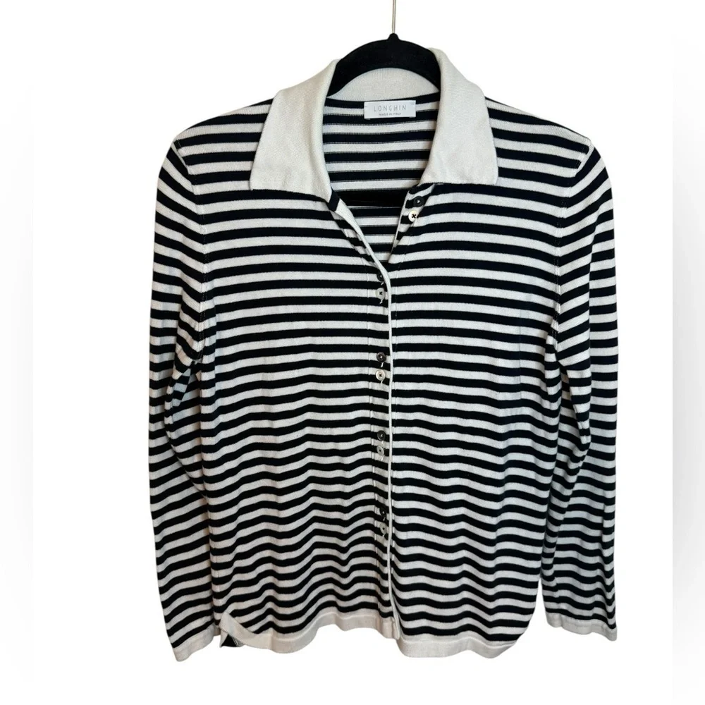 Longhin Made in Italy Navy Blue Striped Cotton Cardigan Sweater